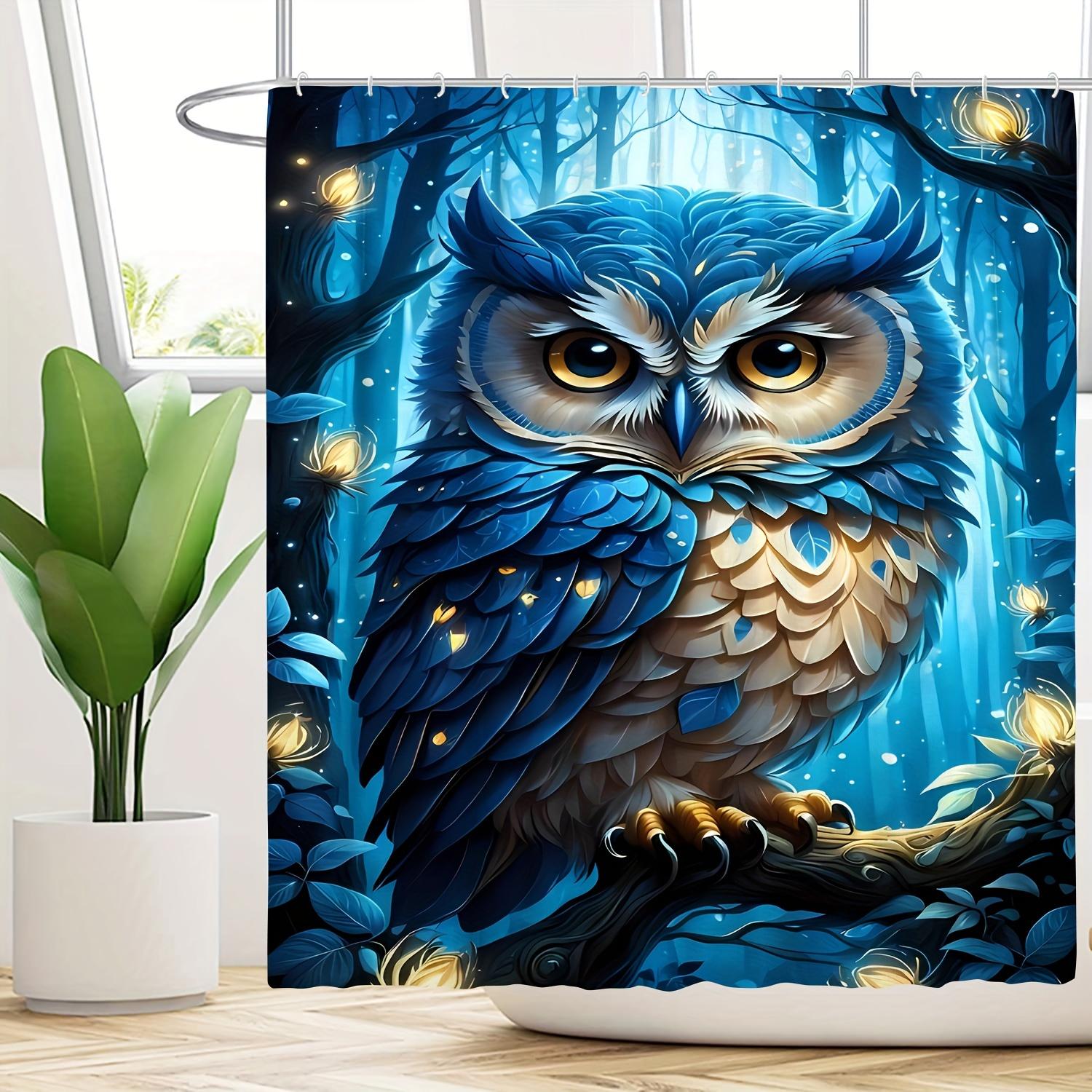 

1Pc Shower Curtain - Enchanted Forest Design With A Majestic Blue Owl And Glowing Fireflies Waterproof W60H190(CM)-1 Pcs