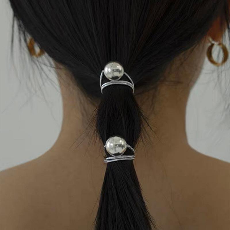 Korean Silver Color Rose Flower High Elastic Rubber Band Large Round Bead Hair Rope for Women Tie Hair Accessory Jewelry Gifts