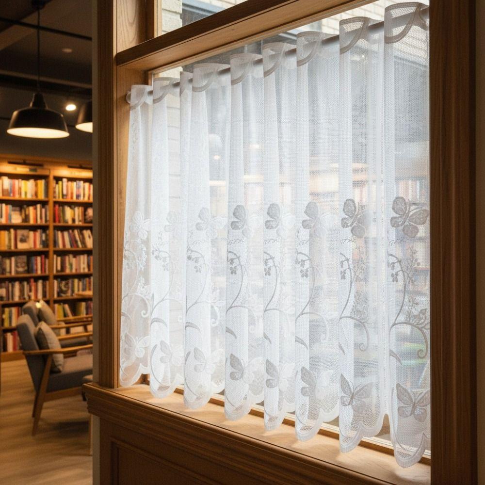 Floral Embroidery White Lace Short Window Sheer Through-shaft Type Kitchen Voile Curtain  Bookstore