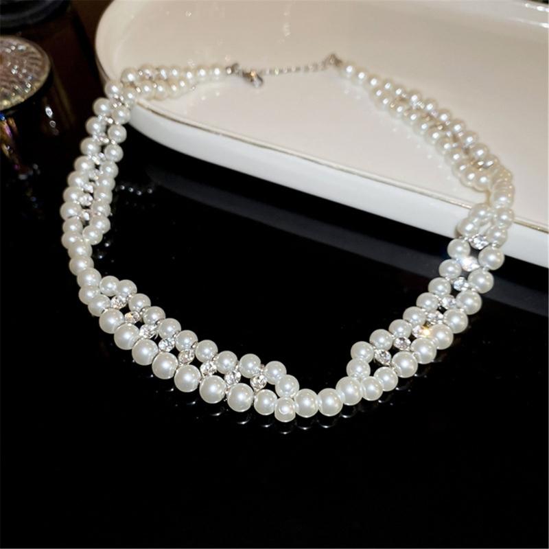 Imitation Pearls Beaded Necklace with Zircon Multi-layered Clavicle Chain Fashionable Jewelry for Everyday Outfits