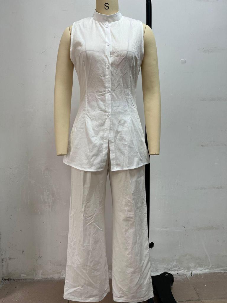 European-American Cotton Linen Drape Sleeveless Shirt & Long Pants Fashion Set