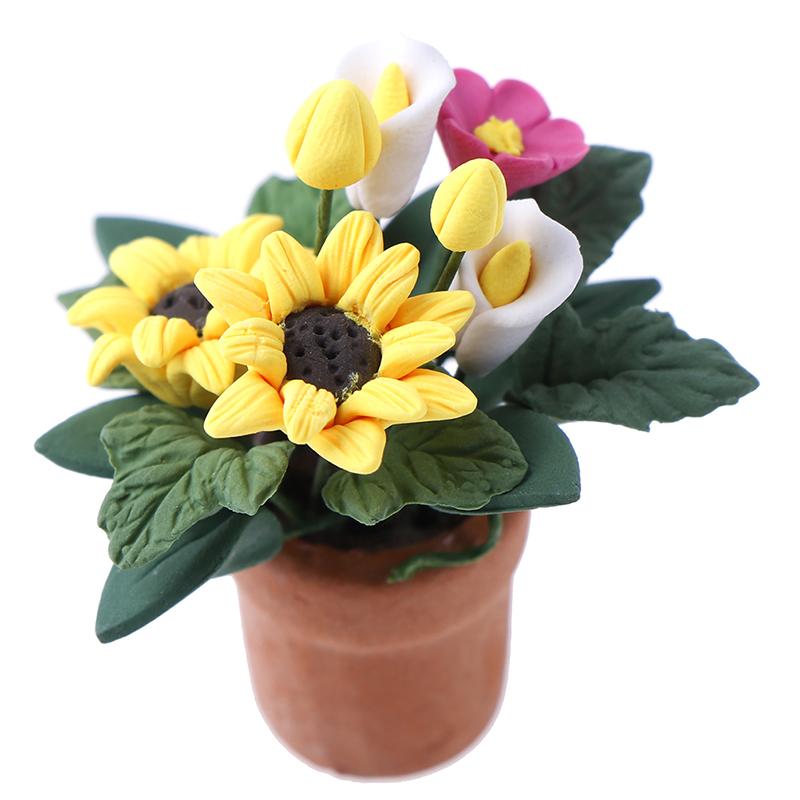 Different Styles 1:12 Dollhouse Miniature Flowers Mini Potted Plant Flower Pot DollHouse Decor Bonsai Model Garden Home Ornament