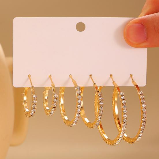 3 Pairs Women Earrings Ear-Pin Closure Stable Wearing Structure Multi-Size Hoop Earrings with Rhinestones Inlaid Jewelry Gift