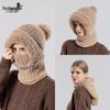 Women's Winter Knitted Hat with Scarf & Mask - Windproof, Plus Velvet, Warm Wool, Ideal for Cycling