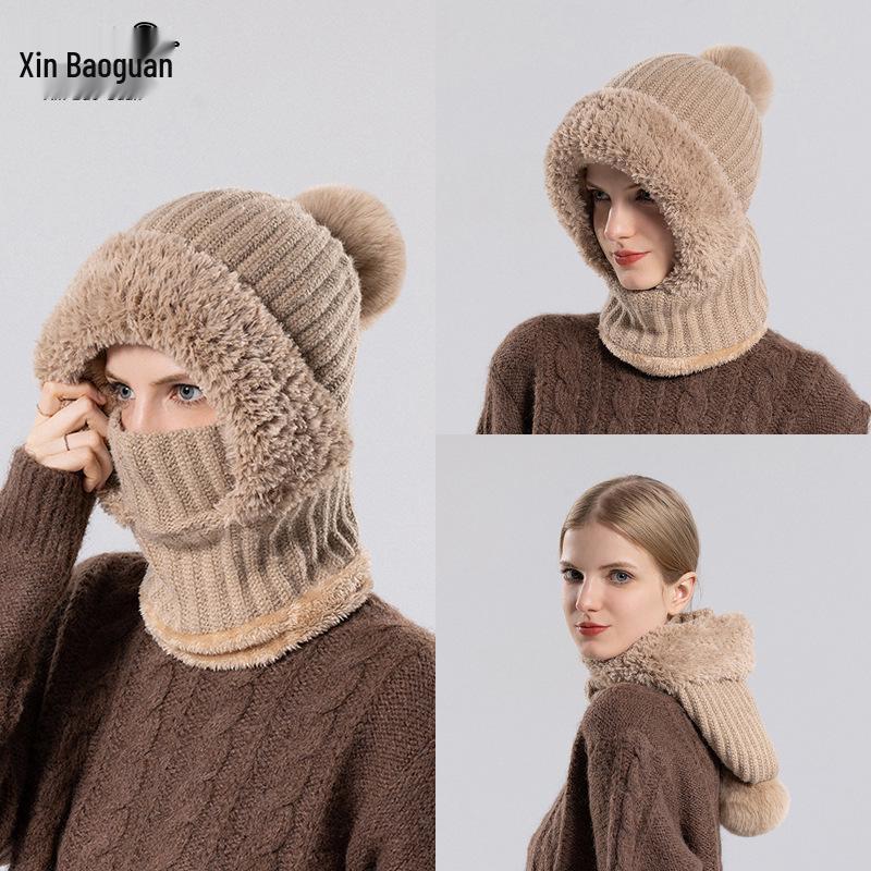 Women's Winter Knitted Hat with Scarf & Mask - Windproof, Plus Velvet, Warm Wool, Ideal for Cycling