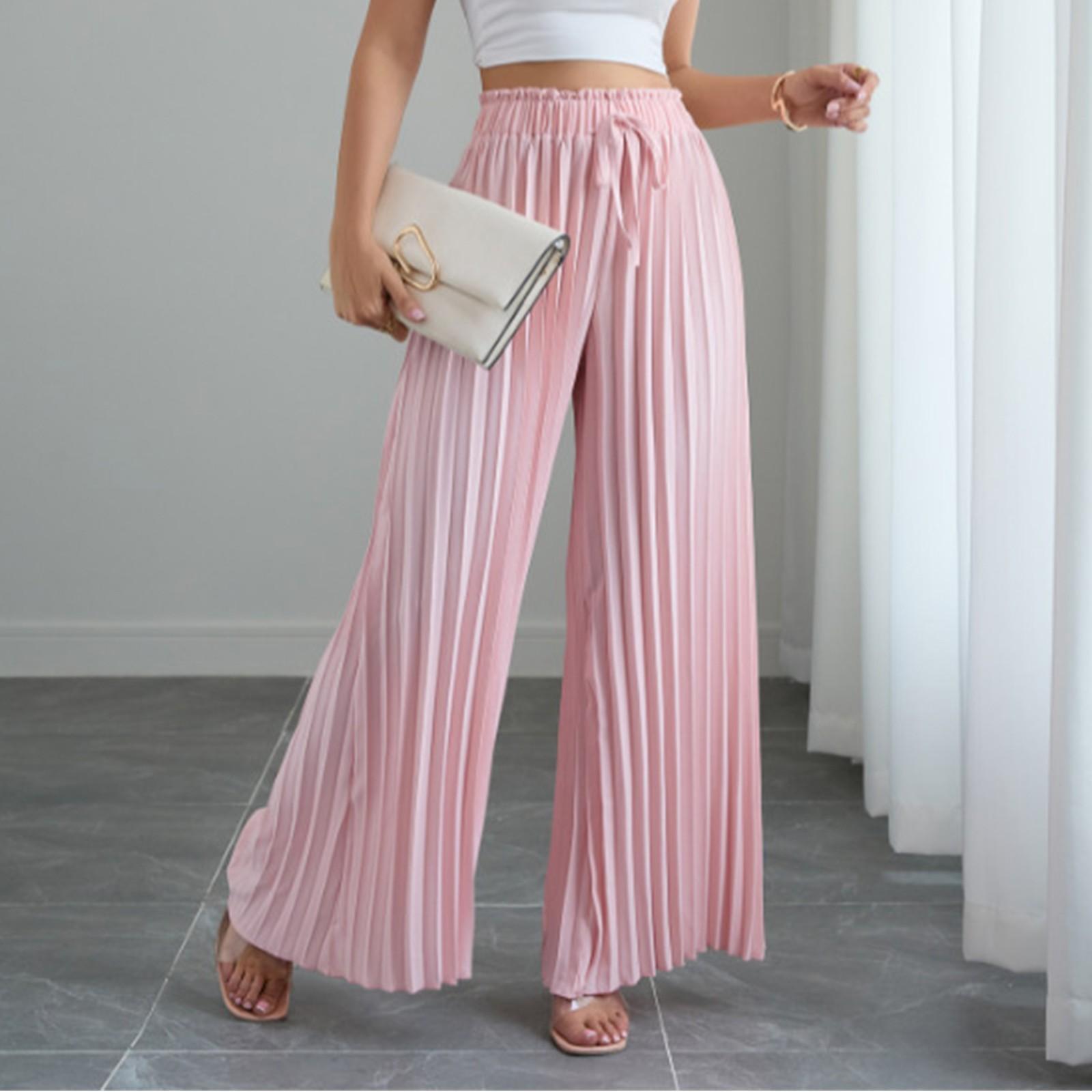

Women s Solid Color Pleated Elastic Waist Tie Loose Wide-leg Pants S