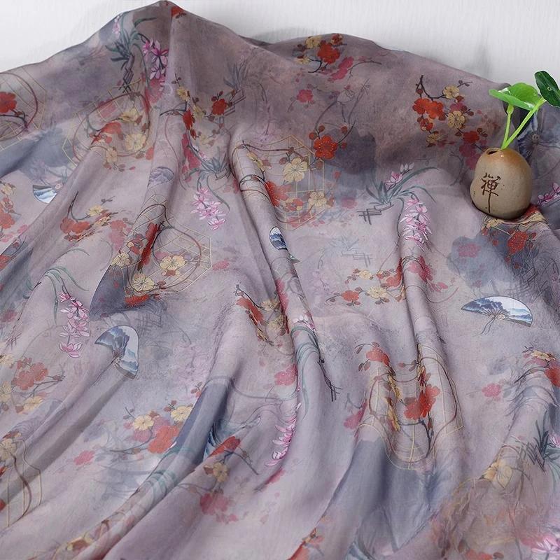 Hedvábný šátek dekorativní 30D Tištěný šifon Inkoustová malba Čínský styl Látka Starobylý kostým Hanfu Sukně Gáza Gázová oděvní látka