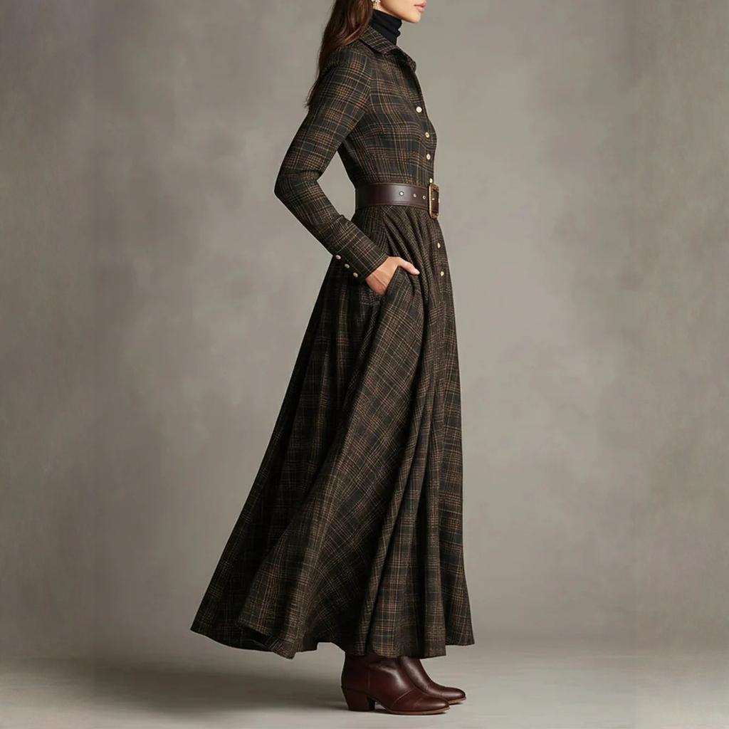 Damen kariertes Hemdblusenkleid, V-Ausschnitt, einreihig, mit Schlitz, Maxikleid