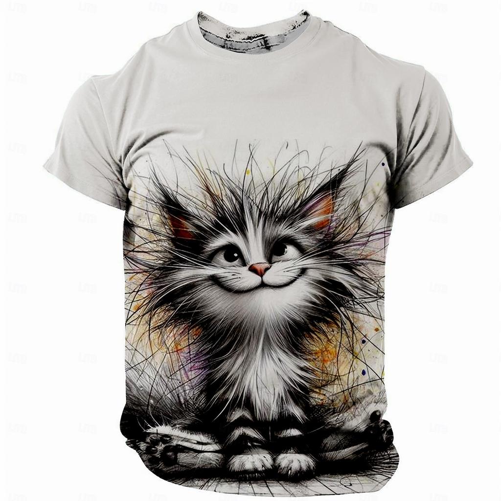 Men's Smiling Cat Print T-Shirt Men's T-Shirt,3D Printing, O-neck ,Short Sleeve,Casual,Lightweight Top,sport Wear ,casual ,Large Size,Fashion