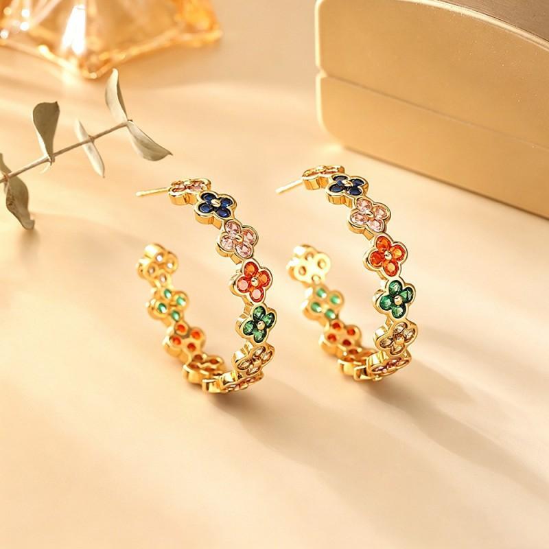 Geometric Rainbow Zircon Earrings Women Gold/ Tone Sterling Post Lightweight Chic Statement Jewelry