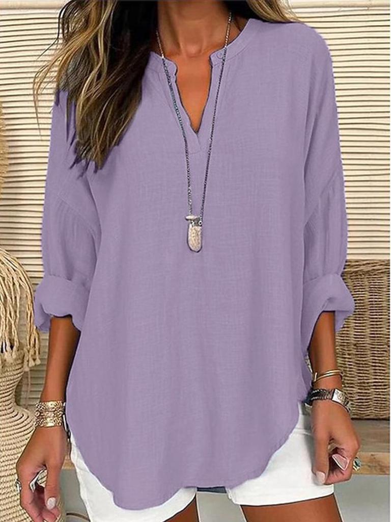 2023 Dames Herfst/Winter V-Hals Katoen Linnen Plus Size Blouse - Europese & Amerikaanse Stijl