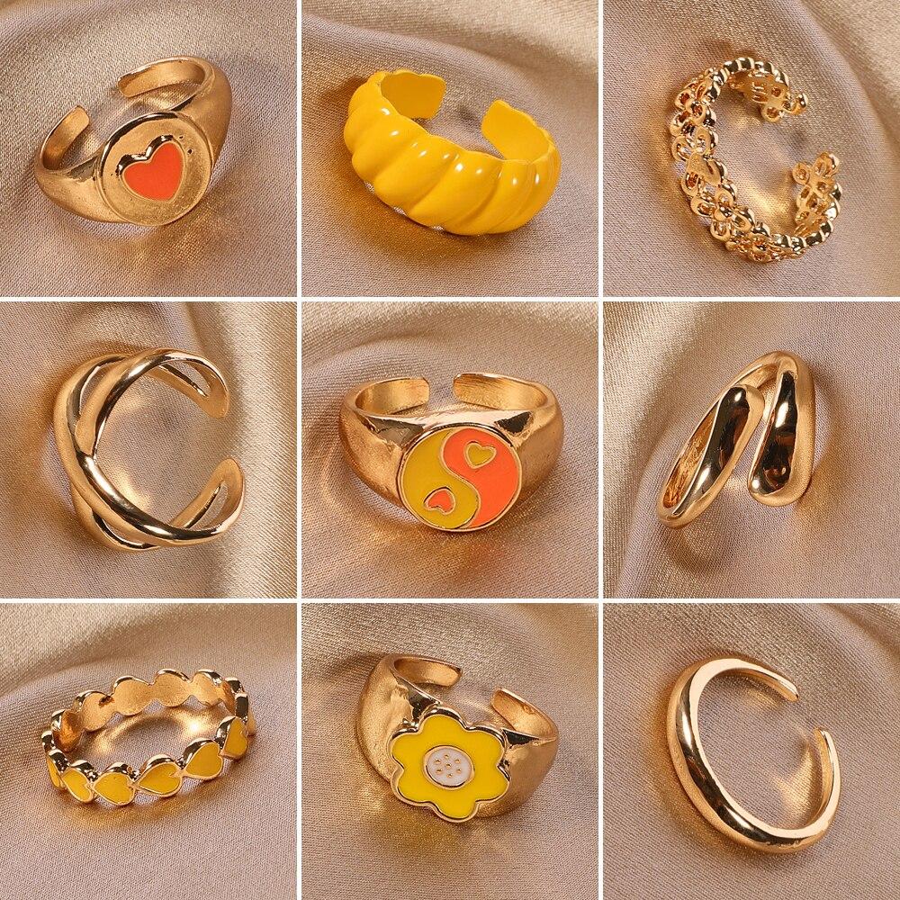 

9pcs Gold-color Ring Set Women Fashion Trend Wind Open Finger Ring Yellow Department Zinc Alloy Jewelry