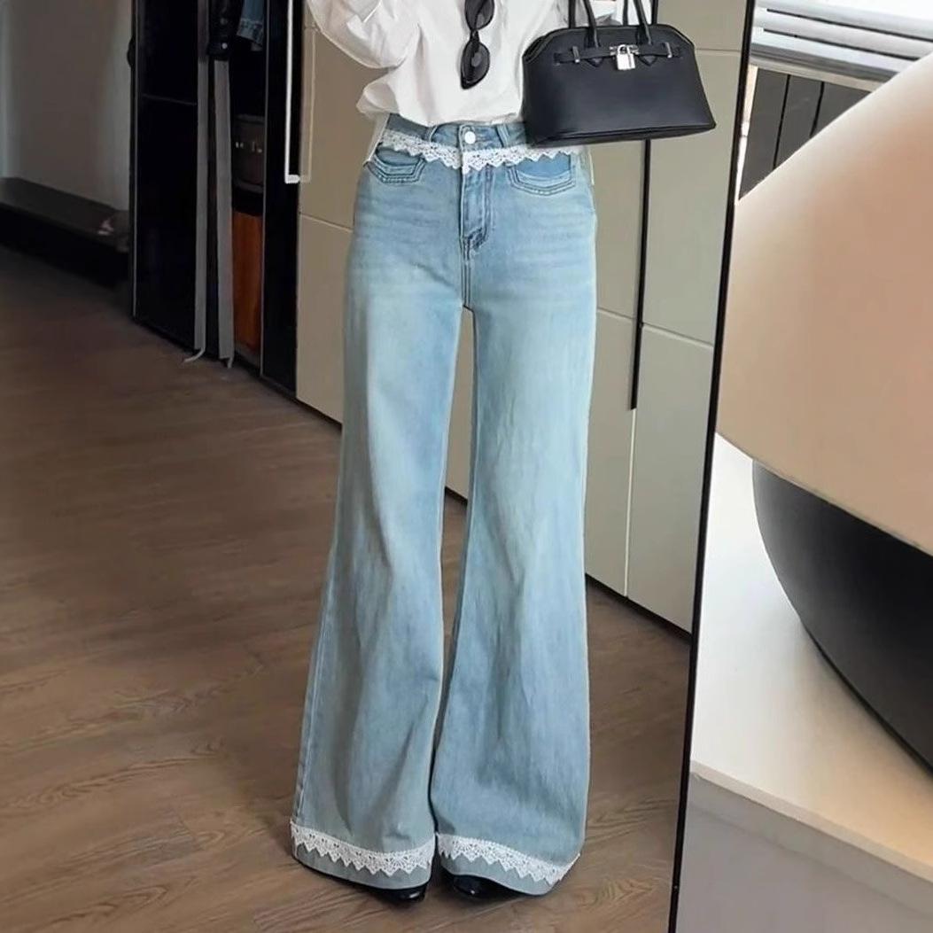 

Светло-голубые кружевные джинсы клеш микро женского дизайна с высокой талией, облегающие, широкие штанины, длинные брюки, джинсы для женщин, длинные джинсовые брюки 4XL