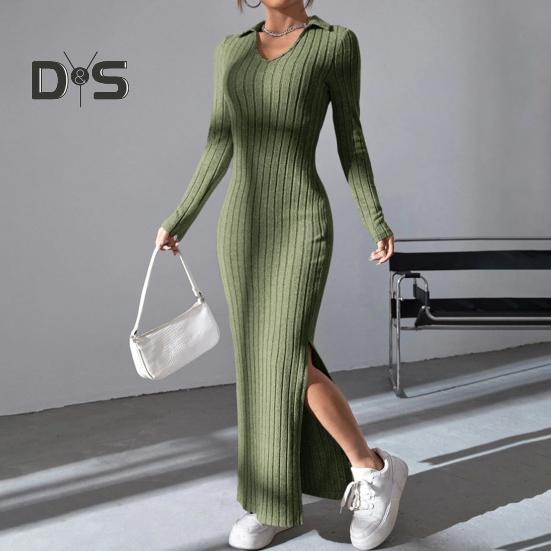 Women Spring Fall Dress V Neck Slit Hem Thread Slim Fit Long Sleeves Ankle Length Knitted Elastic Maxi Dress Shopping Dating Party Dress