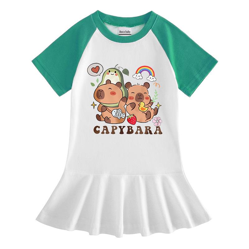 Summer Girls' Cartoon Raglan Short Sleeve Pleated Dress with Ruffle Skirt