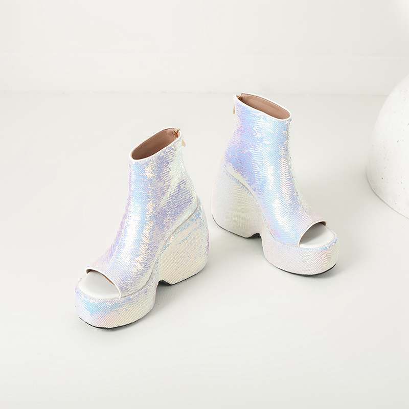 Krazing Pot Sequin Cloth Spring Summer Size 43 Size 42 Women Platform Women Peep Toe Toe Sexy Summer Boots Zipper Thick Bottom Pumps