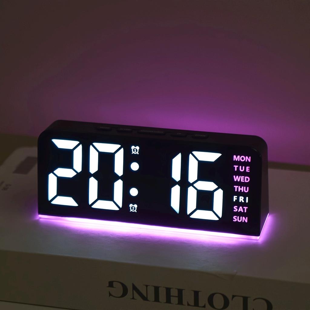 Compact Size Innovative LED Digital Alarm Clock with Atmosphere Light Date Display USB Powered, Adjustable Brightness, Flat Crown Shape