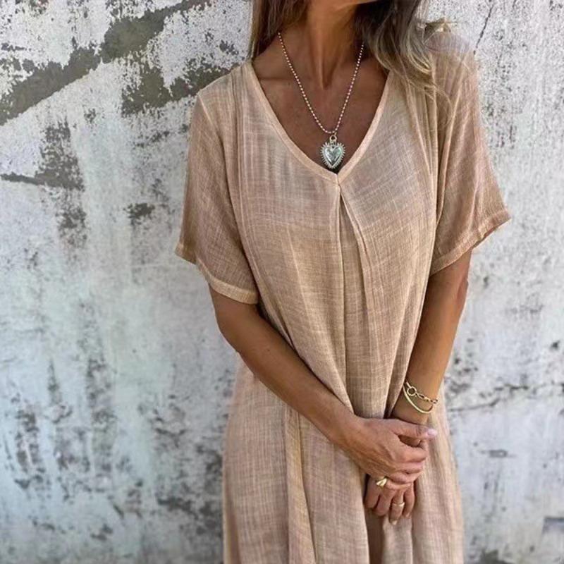 Summer New Women's Fashion Cotton and Hemp V-neck Dress for Women