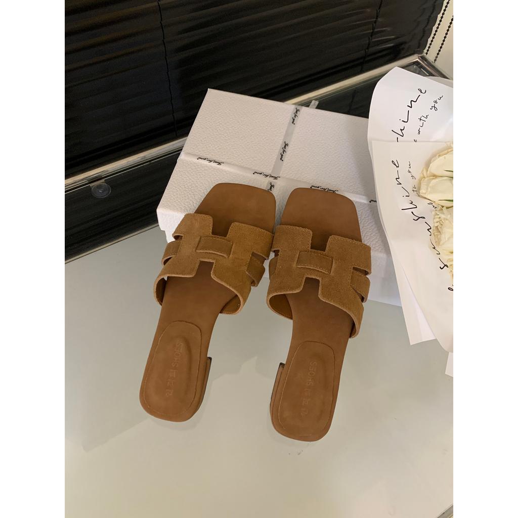 Mori Retro Polished One-word Cool Slippers with Skirt Sandals 2025 Summer New French Square Head Flat Bottom Sandals