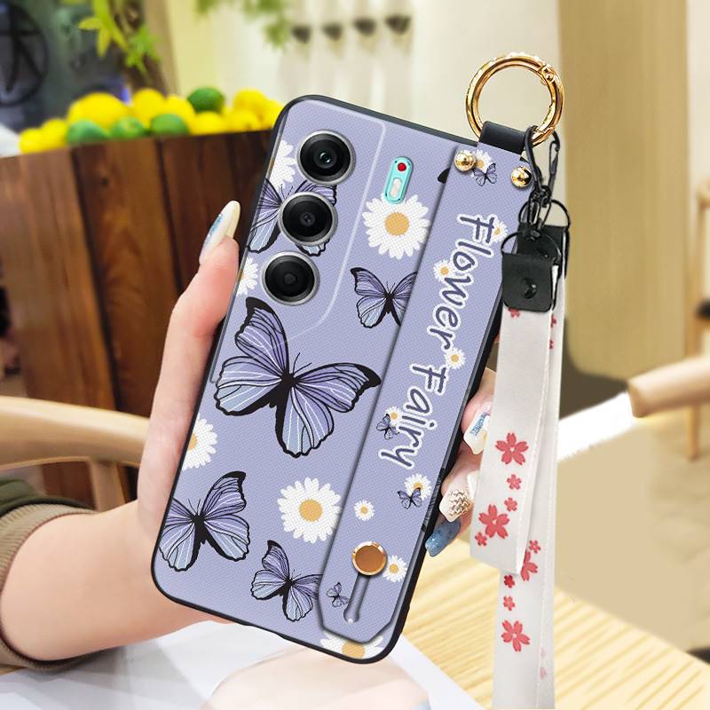 Durable Lanyard Phone Case For Tecno Camon40 Pro 4G/5G/CM6/CM7 Waterproof Back Cover Oil Painting Ring Silicone Flower