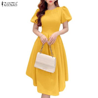 Жіноча літня повсякденна сукня з круглим вирізом і пишними короткими рукавами