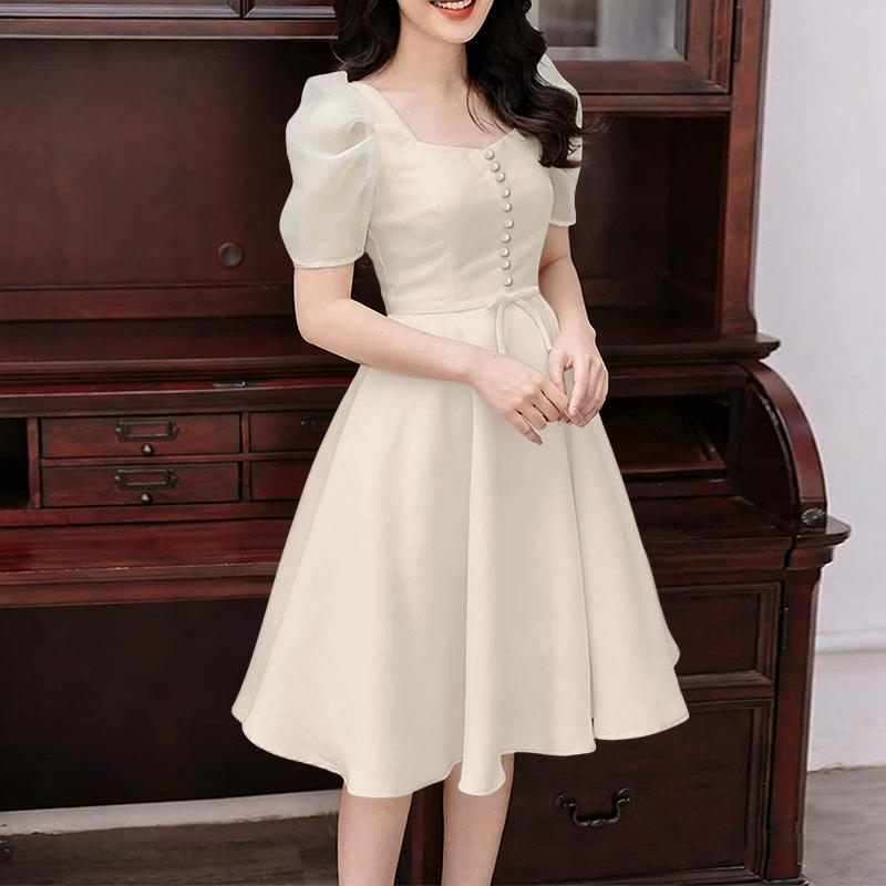 

ZANZEA Women Casual Square Collar Splice Short Sleeve Elegant Dress M абрикосовый