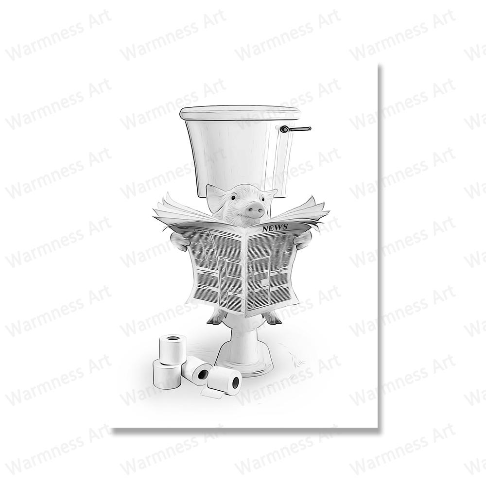 Animals Shark Pig Donkey Cat In Toilet Reading Newspaper Poster Canvas Painting Print Funny Wall Art Picture Kids Bathroom Decor