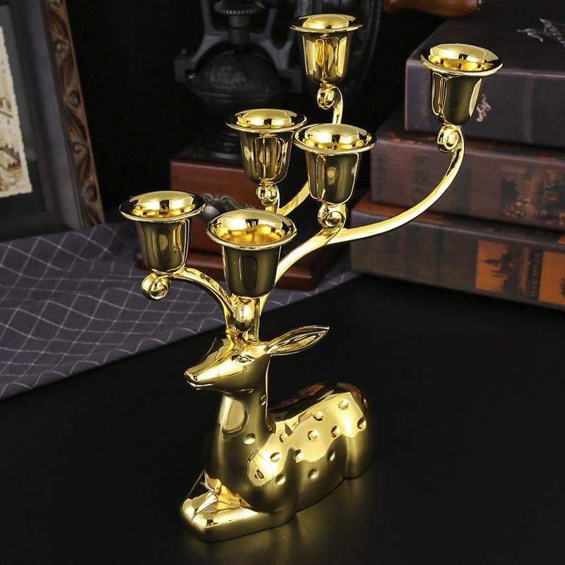 

European retro candlestick wedding hotel romantic candlelight dinner six-headed metal golden deer candlestick wedding decoration props