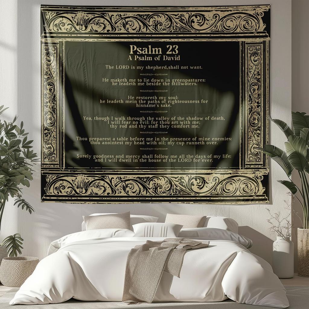 Elegant Psalm 23 Tapestry, Whimsical Black And Gold Scripture Print With Ornate Border For Cozy Christian Home Decor