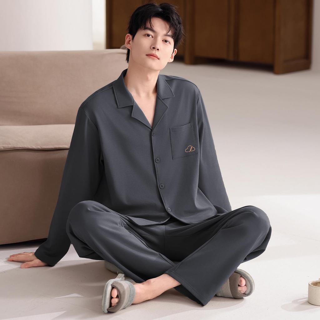 Men's Spring & Autumn Long-Sleeved Cotton Cardigan Pajama Set with Pants