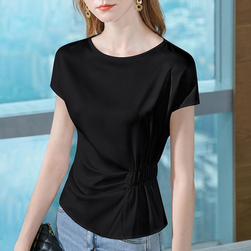

Шифоновая рубашка с короткими рукавами для женщин, летняя новая женская шелковистая атласная рубашка, топ с французской складкой на талии 3XL чёрный