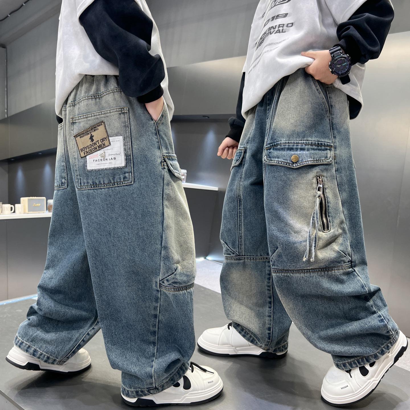 

Модные джинсы широкого кроя для мальчиков, осень 2025: Стильные повседневные детские брюки 150cm синий