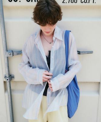 LOEIL Sheer Stripe Oversize Shirt_Sky Blue