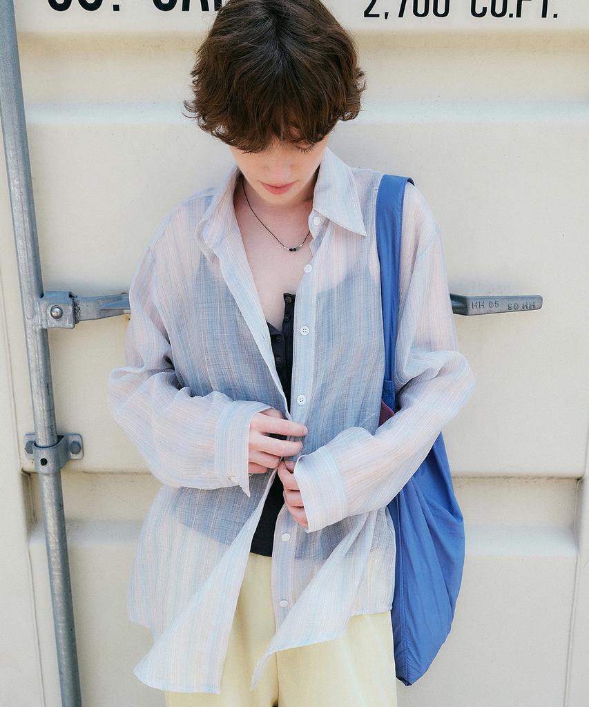 LOEIL Sheer Stripe Oversize Shirt_Sky Blue