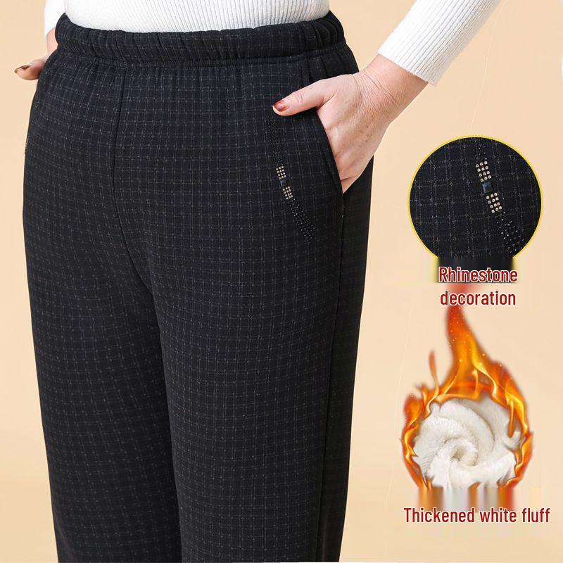 Women's Winter Embroidered Floral Cotton Pants, Loose Fit, Elastic Waist, for Middle-Aged & Elderly, Plus Velvet, Straight-Leg.