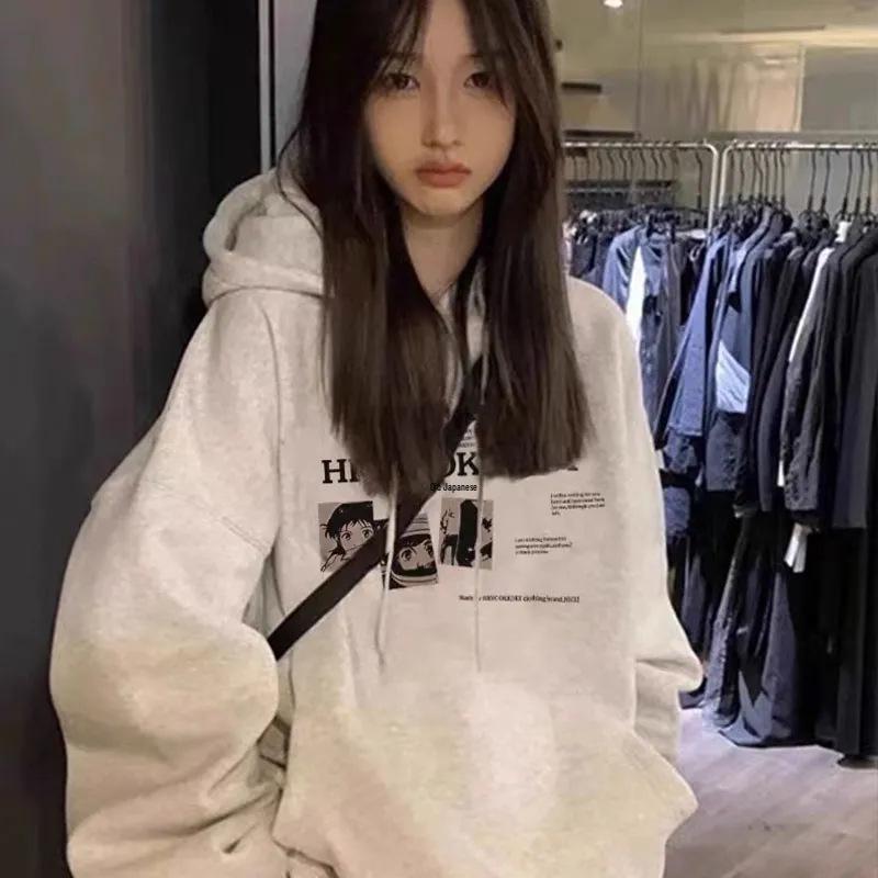 Damska bawełniana bluza z kapturem, podszyta polarem - Modny styl kampusowy, luźny krój, wyszczuplająca, modny niszowy design.