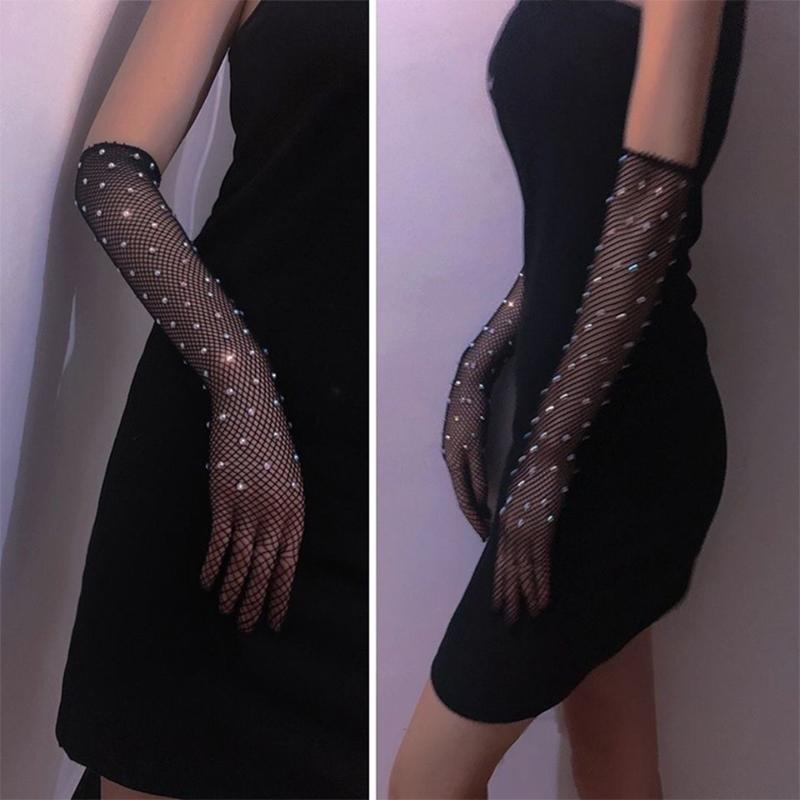 Women'S Fashionable Hot Diamond Sparkling Mesh Fishing Net Elastic Gloves