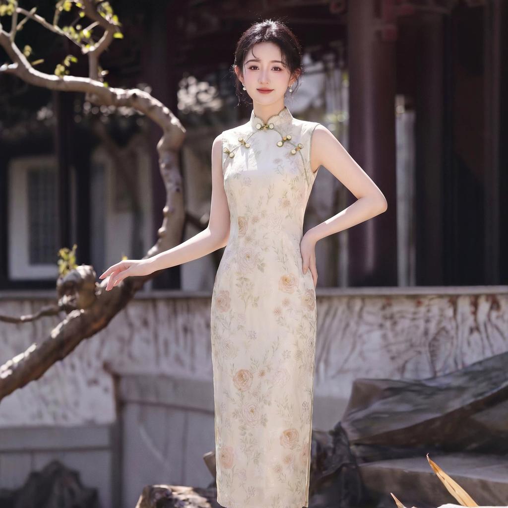 Retro small fresh and elegant cheongsam 1011 new improved women's summer slim national style sleeveless medium and long dress