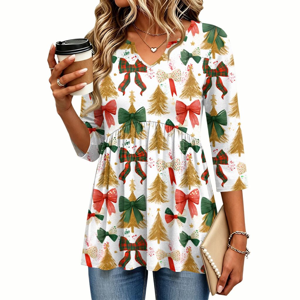 Women's Casual Christmas Print V-Neck Three-Quarter Sleeve Shirt