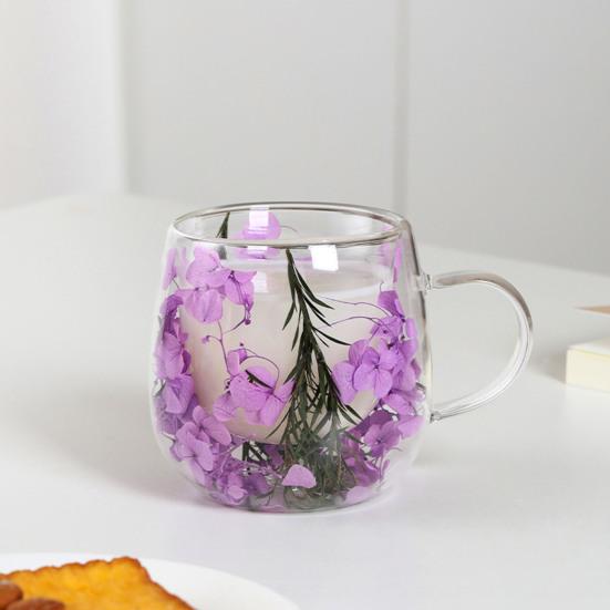 Double-Wall Glass Mug with Dried Flower Design 250ml Heat-Resistant Borosilicate Glass Cup for Milk Coffee Breakfast Insulated Glassware for Home