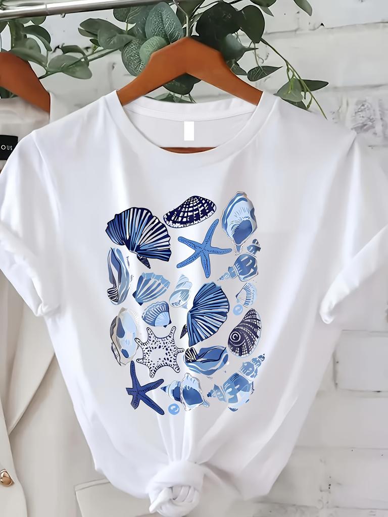 Women's Soft Seashell Print T-Shirt - Casual Crew Neck Short Sleeve Top for Spring & Summer Blue Marine Life Design