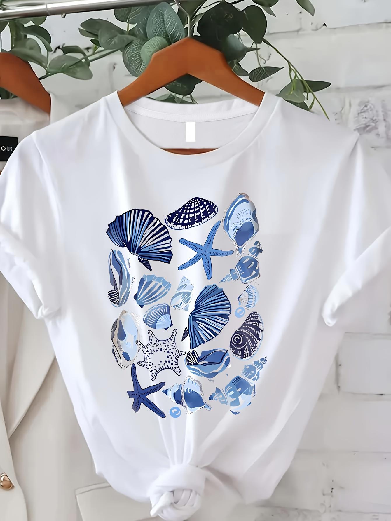 

Women s Soft Seashell Print T-Shirt - Casual Crew Neck Short Sleeve Top for Spring & Summer Blue Marine Life Design S