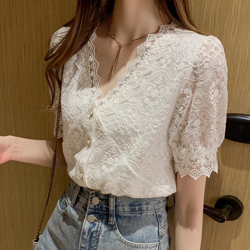 Shirts Women Lace Ladies Ins V-Neck Elegant Fashion Design Leisure Summer All-match Ulzzang Temperament Single Breasted White