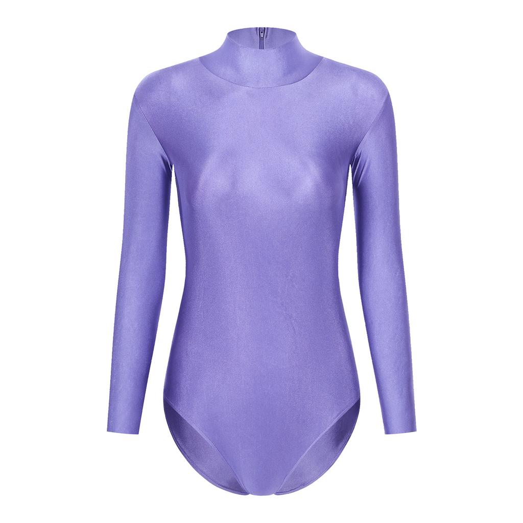 Womens Mock Neck Bodysuit Long Sleeve Leotard Solid Color Zipper Back Stretchy Gymnastics Dance Practice Wear
