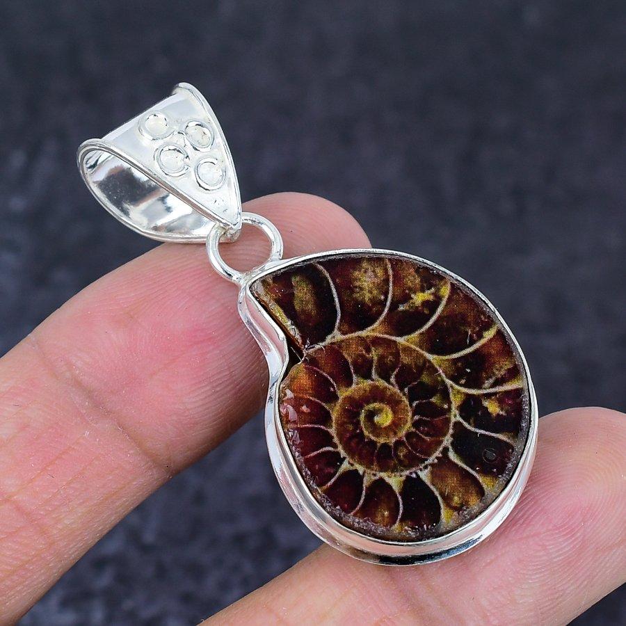 Natural Ammonite Fossil Gemstone 925 Sterling Silver Jewelry Pendant 1.97" M9m00