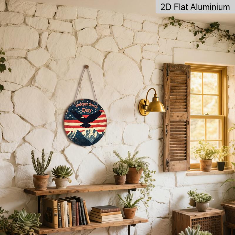 2D Flat, 1pc Independence Day Patriotic Decor Aluminum Metal Sign with American Flag, Eagle, And Mountain Pattern - Red, White, And Blue Independence