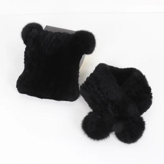 

New Winter Children Real Rex Rabbit Fur Scarf Hat Sets Knit Warm Child Natural Fur Scarves Hats Good Elastic Kid Real Fur Caps (5-10) years old