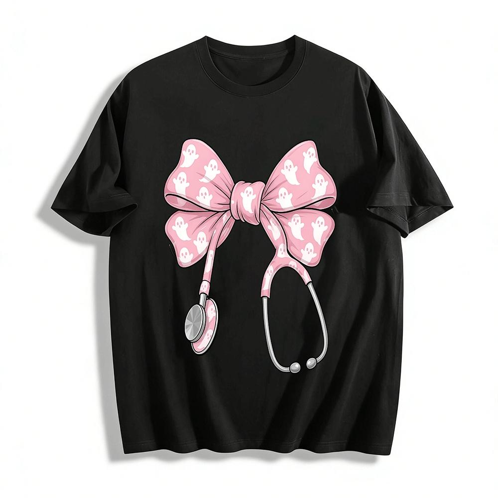 Ghost Stethoscope Bow Print Nurse Themed Casual Top Pure cotton T-shirt XXS