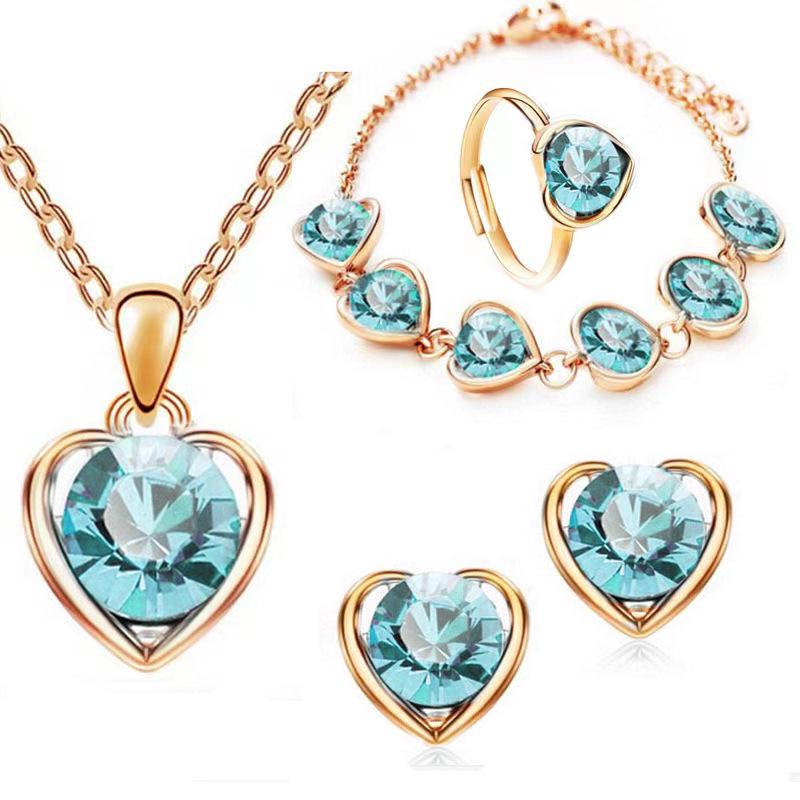 Women's Crystal Heart Jewelry Set: Necklace, Earrings, Ring, and Bracelet