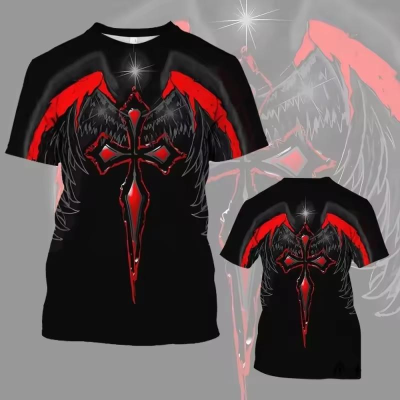 

Colorful Cross Wings Pattern T Shirt Men Cool Skull 3D Printed Short Sleeve Tops Summer Casual Round Neck Loose Tee Shirts 6XL
